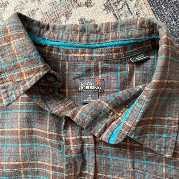 Royal Robbins Blue Brown Plaid Flannel Cotton Long Sleeve Button Down Large - Picture 3 of 5